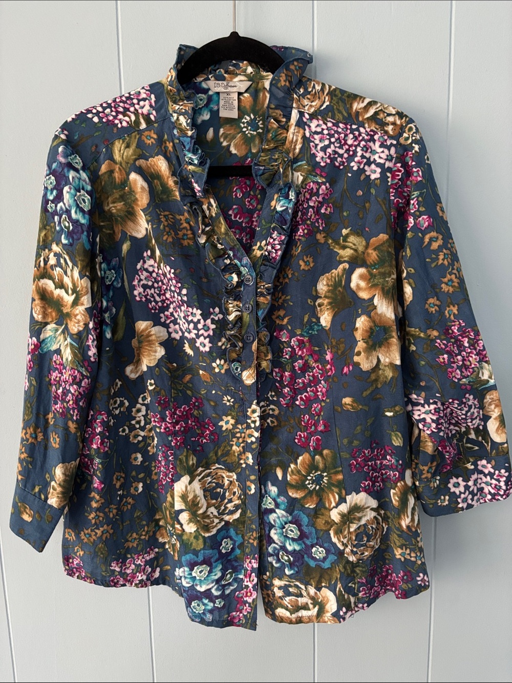 Dark Floral Ruffle-Trim Button Front Top - Romantic Whimsygoth Silk Blend Blouse